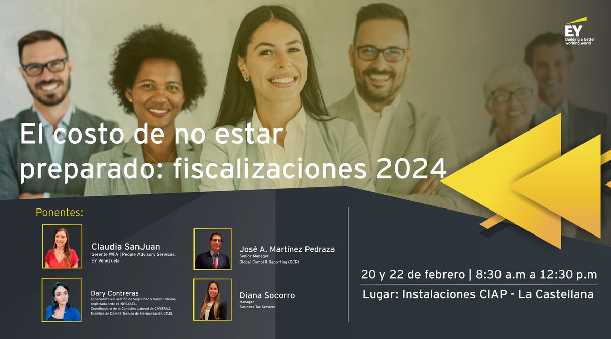 EY_Venezuela's tweet photo. En EY seguimos comprometidos en impulsar tu formación profesional participa en el nuevo curso de #EYTalentHub: “El costo de no estar preparado: fiscalización 2024”. ¡No te lo pierdas y asegura tu cupo aquí!: https://t.co/IztSDrVVxw
#Fiscalizaciones #Costos #Inspección https://t.co/5jD28LrY8s