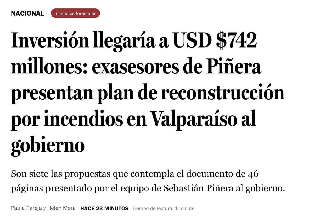 Cumpliendo uno de los últimos encargos del presidente @sebastianpinera, parte de su equipo entrega al gobierno Estrategia de Reconstrucción Incendios Forestales de Febrero 2024. Él siempre se preocupó de sacar adelante a Chile en momentos de crisis.