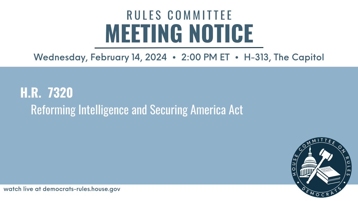 At 2:00pm, the committee will meet on H.R. 7320, the Reforming Intelligence and Securing America Act. This is the third time FISA will come before the committee this Congress. WATCH ➡️ youtube.com/watch?v=6uWzEp…