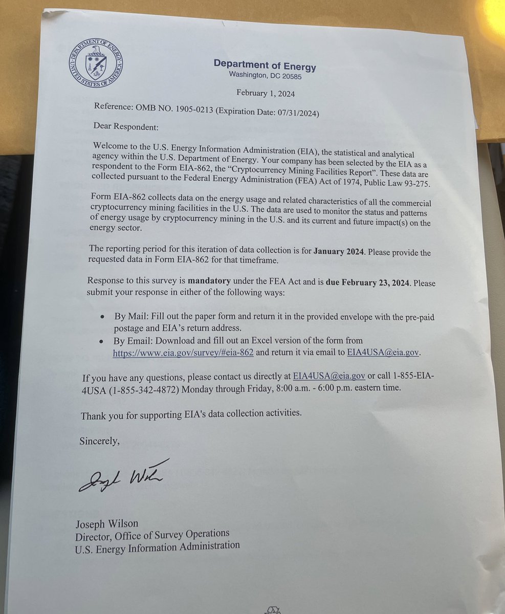 Dennis_Porter_'s tweet photo. BIG BRREAKING: #Bitcoin miners begin receiving letters from the EIA forcing them to report sensitive data. 

The miner who received this letter only has 10 days to respond to the request by the EIA or face huge fines or worse!

Fortunately, we have a plan on how to fight back, but let me share more about the EIA mandated survey. 👇 

On January 24th, the Department of Energy issued a statement, saying that #bitcoin mining was likely to cause “public harm”. 

The Federal Government then used its emergency powers in collaboration with the EIA to force miners to report their location, energy use, and energy supplier. 

I have said many times that I strongly disagree with this move by the EIA to categorize miners as a ‘threat to the public’ while also mandating that miners report sensitive data to the EIA. 

This is NOT how the Federal Government should be interacting with a new and growing industry that has so much potential. 

The #Bitcoin mining industry is filled with innovators and builders. We should be encouraging them, not threatening them. 

#Bitcoin mining has the potential to radically reshape the way that we manage, produce, and transmit energy in the USA. 

#Bitcoin miners know this and they are more than happy to collaborate, in order to prove that mining is a powerful piece of technology which can do good for the grid, the economy, and the environment. 

#Bitcoin miners are increasingly showing their willingness to be transparent. Bitcoin miners are ready to begin showing the world what this technology is capable of achieving. 

I know this because my team has been working diligently with #bitcoin miners to help them showcase the ability of bitcoin to balance the grid and mitigate methane emissions.  

We have been working with #bitcoin miners, large and small, to accomplish our goal of educating lawmakers and regulators on the incredible benefits of mining. 

Just recently, we produced a paper with the former ERCOT & NYISO CEO  which outlined the benefits of #bitcoin mining to the grid. 

Paper: https://t.co/WO0UfBplGJ

We are also diligently working on a paper to show the value of bitcoin mining as a methane capture tool. 

More coming soon!

In both instances, we worked directly with #bitcoin miners to produce research that shows the benefits of this technology.

And here is the latest news!

Satoshi Action now officially has recorded 500 MW of respondents to our grid balancing survey which was launch just earlier this month.

That survey will help us better understand how often bitcoin miners are balancing the grid across America. 

In the month of January, there was a significant amount of extreme winter weather across the USA. During those times, power demands skyrocket. Yet, we got reports from #bitcoin miners across the country who were shutting down their power usage and making that power available for ratepayers instead. 

It’s very likely that during those winter storms, bitcoin miners delivered back enough power to heat millions of homes and potentially save lives in the process.

If you were a bitcoin miner, who is interested in helping us share the value of this technology for balancing the grid, please reach out and ask for our survey. 

We need to work together to ensure that lawmakers and regulators are well informed on the potential of bitcoin mining #bitcoin mining.