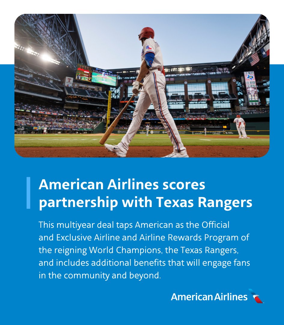 AmericanAir's tweet photo. Take your Rangers fandom to new heights! ✈️ We're excited to announce that American Airlines is now the official airline for the reigning World Champions, the Texas Rangers. https://t.co/N139OL8W3T ⚾️✈️ https://t.co/4lTrDu0yjI