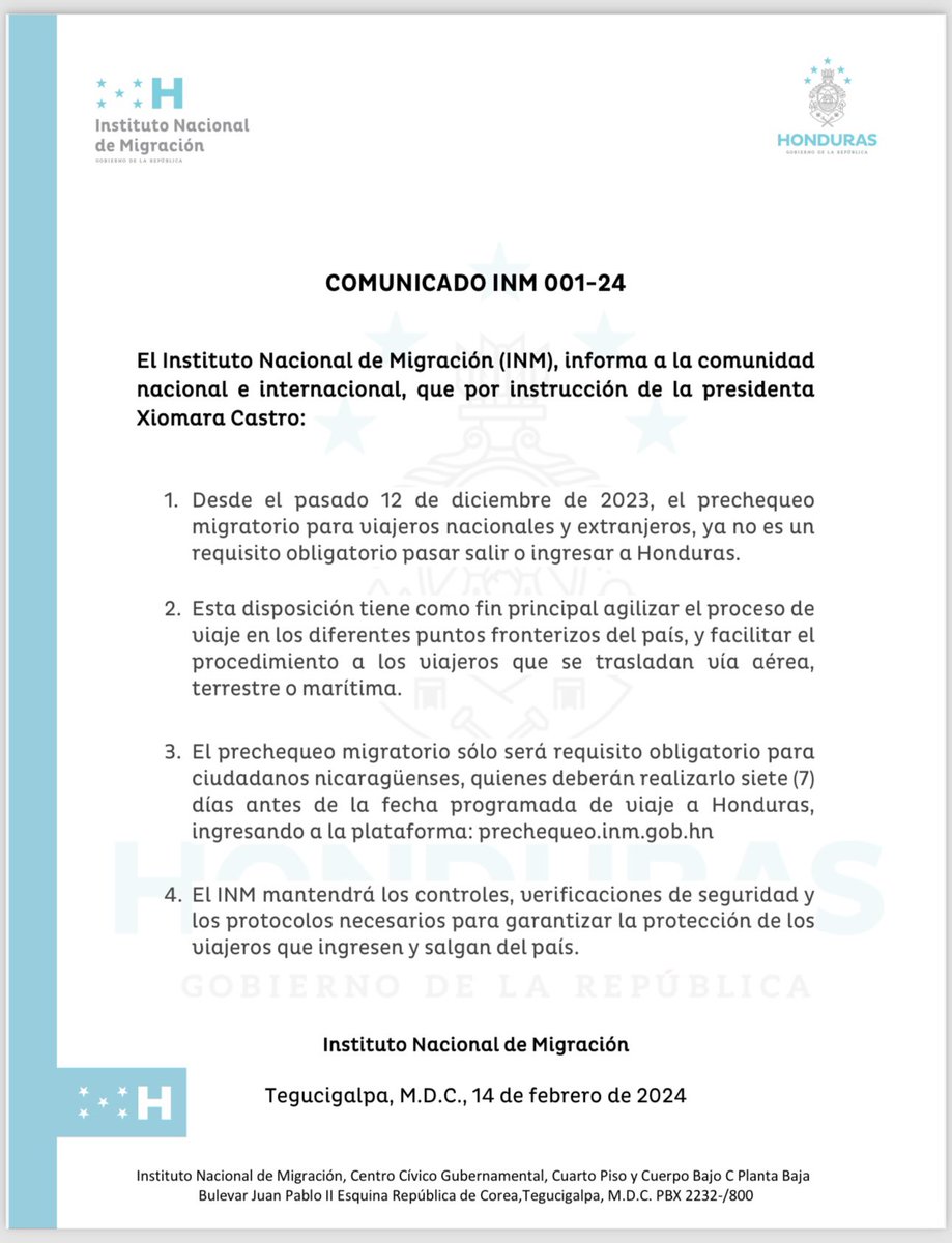 MigracionHND's tweet photo. #COMUNICADO | A la comunidad nacional e internacional. 🛂
#INM #Migración #Prechequeo #Honduras 🇭🇳 https://t.co/kw5wT1SEG4