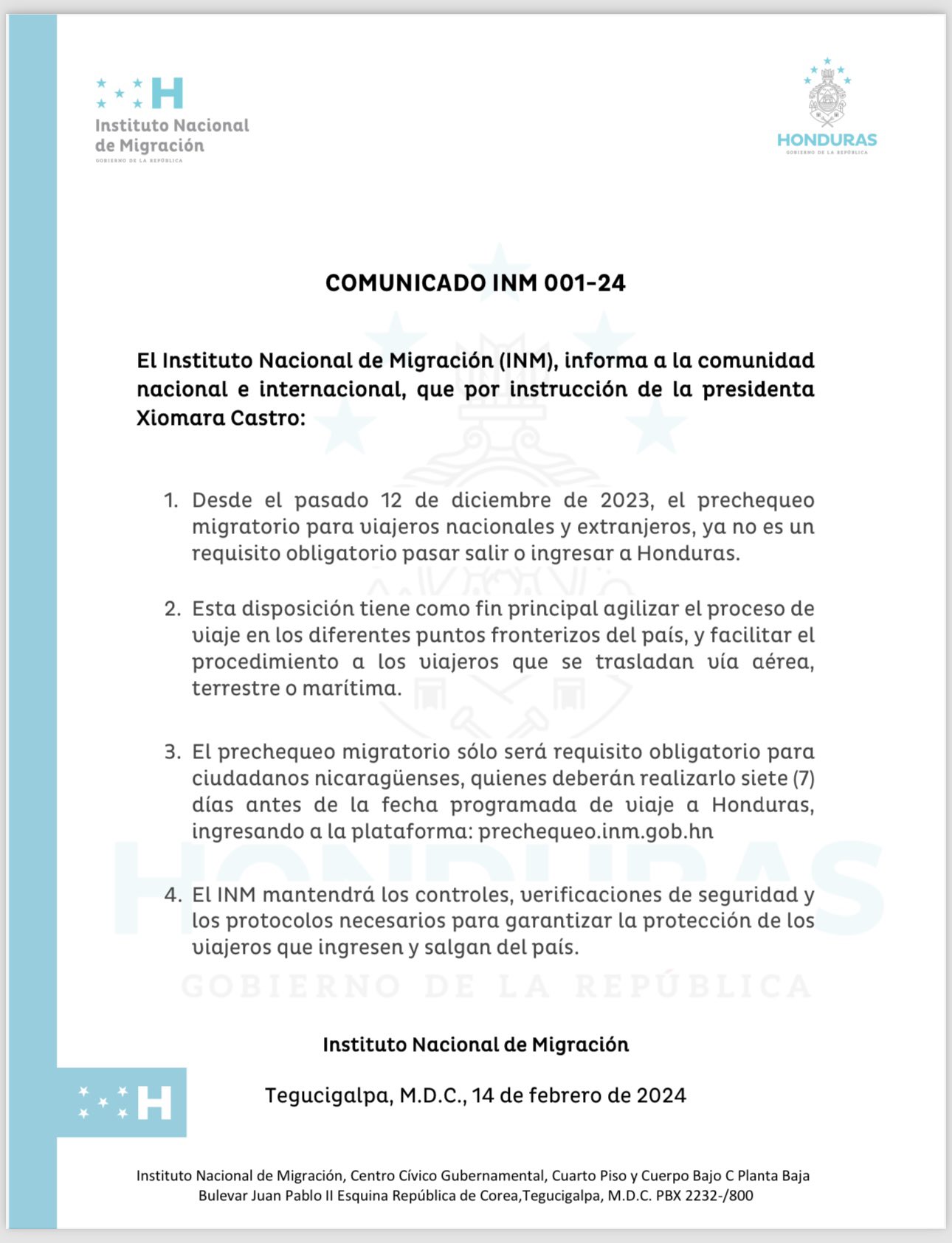 Instituto Nacional de Migración HN on X: #COMUNICADO | A la comunidad  nacional e internacional. 🛂 #INM #Migración #Prechequeo #Honduras 🇭🇳  t.cokw5wT1SEG4  X