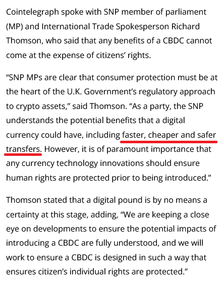 Scottish National Party promoting the fallacy that a UK CBDC can have "faster, cheaper and safer transfers" when citizens already have instant, free and secure transfers with commercial banks. 🤔 cointelegraph.com/news/privacy-d…