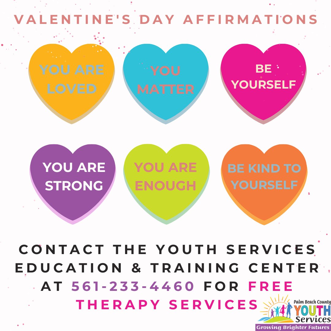 Love is in the air! Palm Beach County Youth Services Department offers FREE therapeutic services for families with youth up to age 22 years old. CALL us TODAY (561)-233-4460 or schedule an appointment at survey.pbcgov.com/s3/YSD-Appoint… #HappyValentinesDay #freetherapyPBCkids