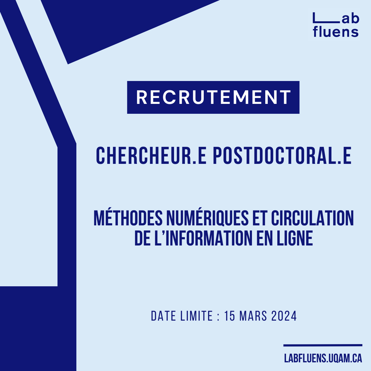 🔎RECRUTEMENT | Chercheur.e postodoctoral.e : méthodes numériques et circulation de l'information en ligne dans le cadre de trois projets de recherche. Faites circuler dans vos réseaux ! 🔁 Tous les détails : labfluens.uqam.ca/nouvelles/semi…