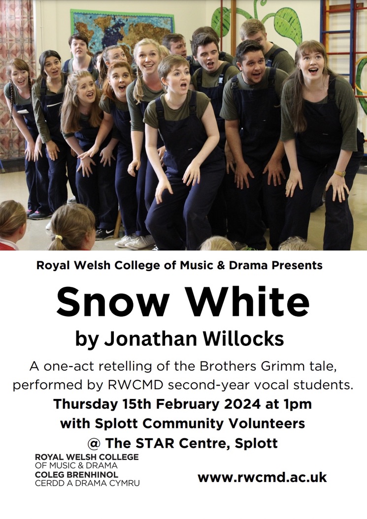 Join us this Thursday afternoon at 1pm in the sports hall at the Old STAR Centre on Splott Road for a fab free performance of SNOW WHITE THE OPERA!!! It's family friendly and everyone is welcome 😃🎶🎵 <a href="/RWCMD/">Royal Welsh College of Music & Drama</a> <a href="/YoungRWCMD/">Young RWCMD</a> <a href="/RoyalWelshMT/">RWCMD Musical Theatre</a>