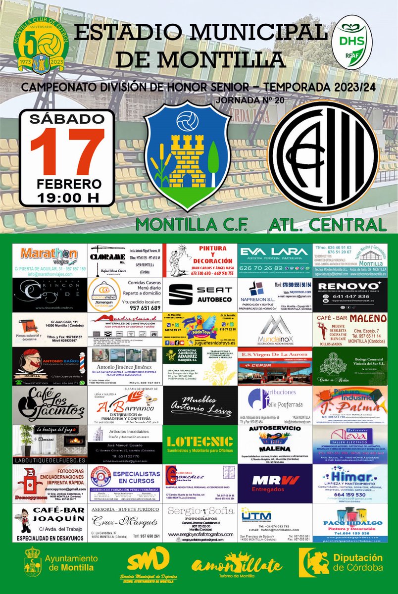 📆𝗖𝗔𝗥𝗧𝗘𝗟 | Este SÁBADO te esperamos en el Estadio Municipal de Montilla en una nueva jornada de División de Honor, a partir de las 19:00horas.

¡¡¡Vamos, Montilla!!!🔰💪⚽

#Montilla #MontillaCF #MCF #Cartel #MontillaCentral #DivisionHonor
