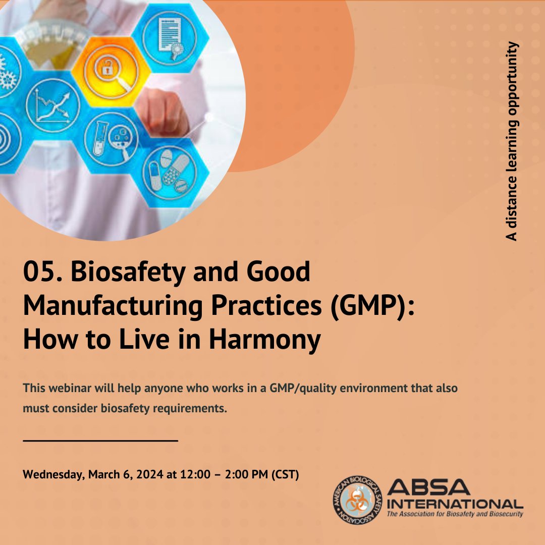 Register now for this webinar on Biosafety and Good Manufacturing Practices. This webinar will discuss what GMP is, why it is important, and more. 

Register here: bit.ly/3OnytHK

#Biosafety #Biosecurity #ABSAInternational #Webinar #onlinelearning