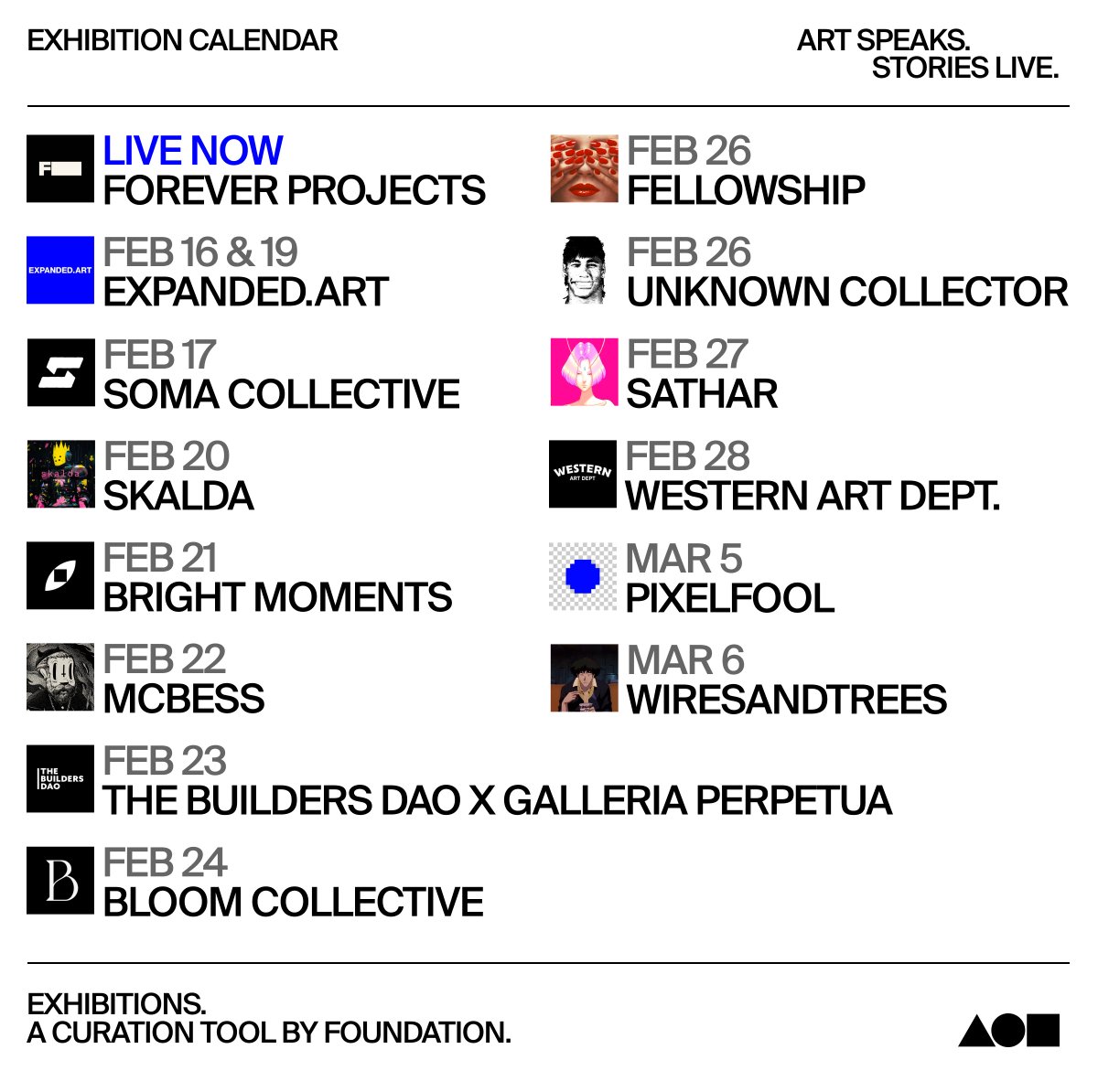 Explore exhibitions. Find art you love.

❛ᴀʀᴛ ꜱᴘᴇᴀᴋꜱ. ꜱᴛᴏʀɪᴇꜱ ʟɪᴠᴇ.❜

ᴛʜᴇ ʟɪɴᴇᴜᴘ ↓
<a href="/brtmoments/">Bright Moments</a>
<a href="/ExpandedArt/">EXPANDED.ART</a> 
<a href="/SkaldaAI/">SkaldaAI</a> 
<a href="/fellowshiptrust/">Fellowship</a> 
<a href="/p1xelfool/">p1xelfool</a> 
<a href="/mcbess/">mcbess</a>
<a href="/UnknownCo123/">UnknownCollector</a> 
<a href="/westernartdept/">Western Art Dept</a> 
<a href="/This_is_bloom/">Thisisbloom | Art first</a> 
<a href="/wiresandtrees/">ahad</a> 
<a href="/TheBuildersDao/">TheBuildersDao</a> 
<a href="/gperpetua_/">Galleria Perpetua</a>