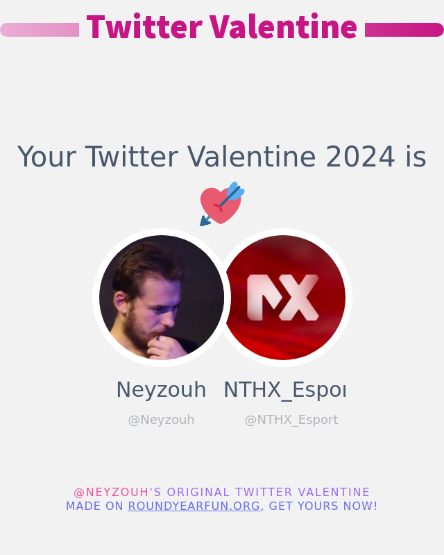 Neyzouh (@neyzouh) on Twitter photo Mon Twitter Valentine 2024 va être: <a href="/NTHX_Esport/">NTHX_Esport</a>
➡️ funxgames.me/twittervalenti… #valentinesday2024 #ValentinesDay Mon Twitter Valentine 2024 va être: <a href="/NTHX_Esport/">NTHX_Esport</a>
➡️ funxgames.me/twittervalenti… #valentinesday2024 #ValentinesDay