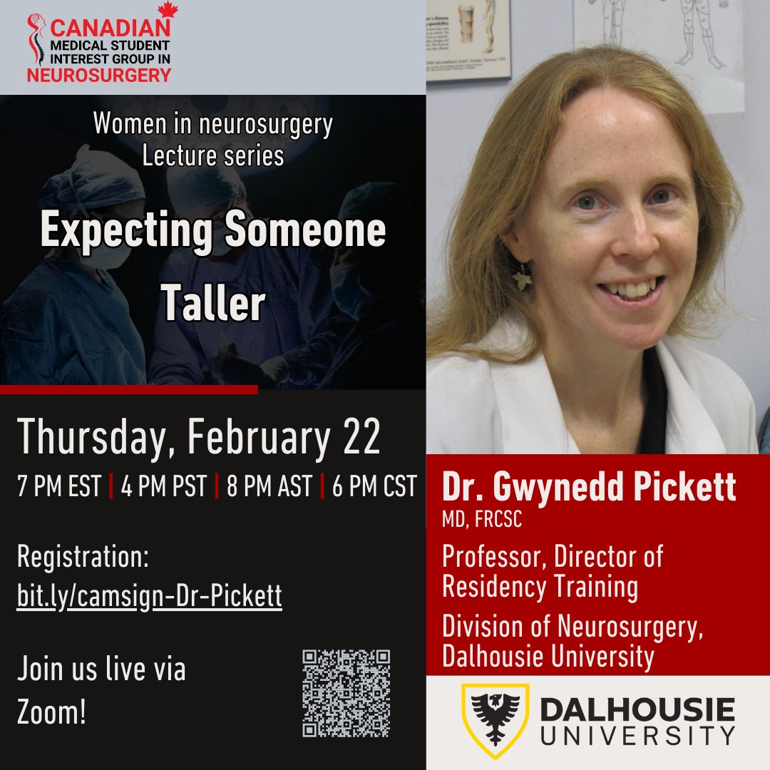 We are thrilled to announce our next keynote on women in #neurosurgery featuring Dr. @gpsforthebrain from @DalhousieU. Join Dr. Pickett as she shares her inspiring journey to becoming a neurosurgeon. Click on the link below to register: bit.ly/camsign-Dr-Pic…