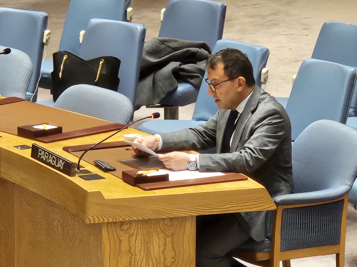 En el Consejo de Seguridad de la #ONU, el #Paraguay 🇵🇾 resaltó el efecto perjudicial del cambio climatico, los conflictos armados y la inseguridad alimentaria para la paz y la seguridad #UNSC