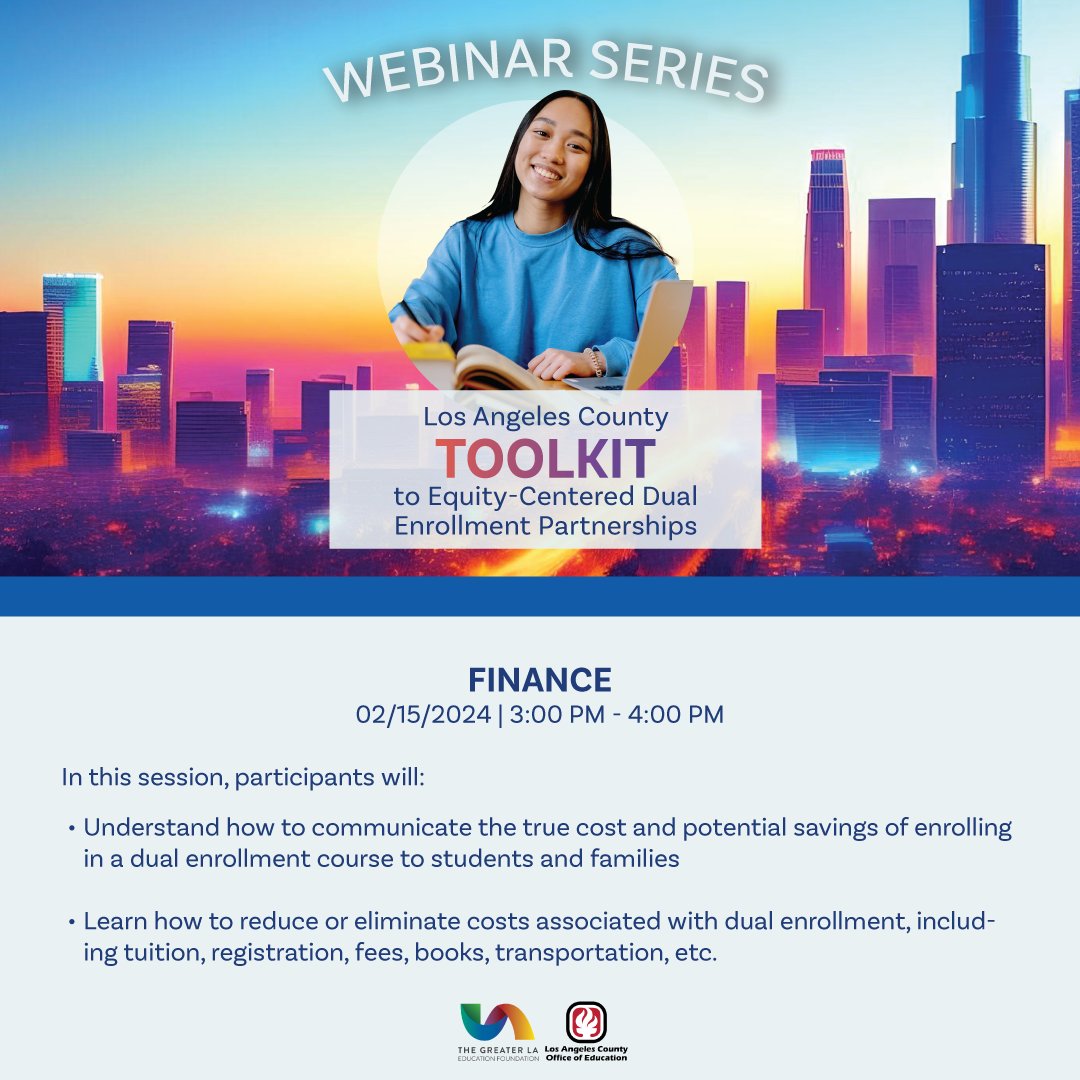 Join us for the next session in our equity-centered dual enrollment partnerships series, focusing on FINANCE! Tomorrow, dive into insights on effectively communicating the true cost & potential savings of enrolling in DE courses for students. Register: lacoe.k12oms.org/2357-244855