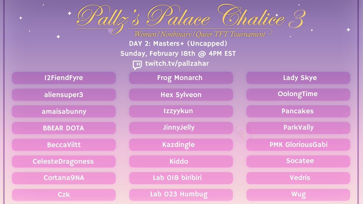 palacechalice's tweet photo. The most majestic battle ⚔️will commence on day two!🤯 There can only be one winner though! Who will it be?😶‍🌫️ But before you decide let's see our lineup!

@HumbugTFT @12FiendFyre @aliensupertft amasiabunny @kevinlintegral @BeccaIkuyo @hi3biribiri 
Celestedragoness @itsCzeck @GabiGlorious @Gabylove911 @Izzykun @JinnyJellyy @kazdingle  @skyestreaming @MetalManatee @OolongTime_ @PancakesTFT Quiettime @Slycatee @sylveontft Vedris Kiddo

Big thank you to @TFT and @Riot for giving everyone a chance at this set's Palace Chalice!