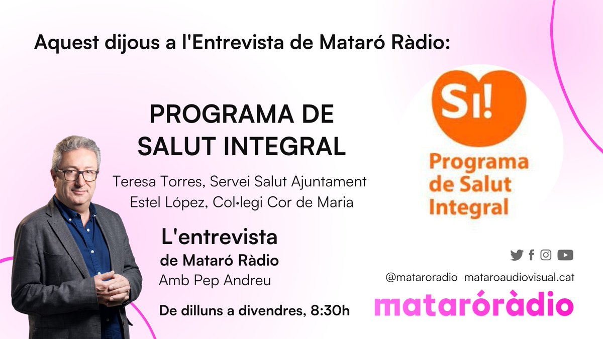 mataroradio's tweet image. Dijous a les 8.30 del matí, l'entrevista @mataroradio. Conversem amb Teresa Torres, tècnica de Salut @matarocat i Estel López, cap estudis Educació Infantil i Primària @cdmmataro. Parlem del #ProgramaSI de Salut Integral. Remissions @tvmataro @laxarxames Youtube tvmataró #Mataró