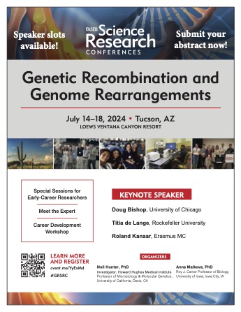Meeting on Genetic Recombination and Genome Rearrangements this summer. This is a really great meeting... many cool topics in DNA repair, replication, mutagenesis, meiosis, chromatin, and more... ...and looking forward to a strong trainee participation web.cvent.com/event/52d7b72f…