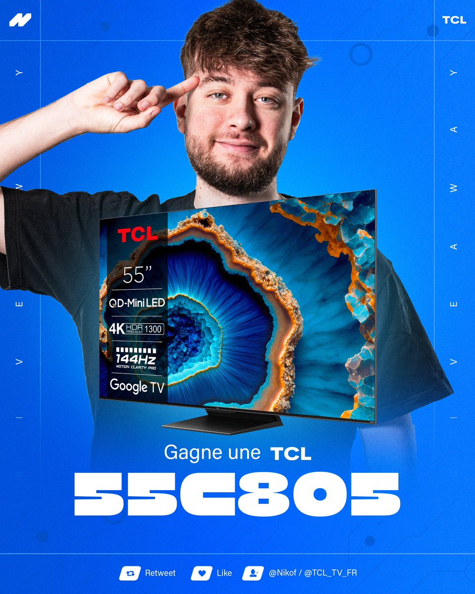 Ce week-end c’est les Demi Finales des FNCS ! 🔥 Pour mieux regarder ça on vous offre un TV TCL Mini-LED 55C805 ! 🫶 Pour participer RT & Follow @Nikof et @TCL_TV_FR TAS le 22/02 Produit offert