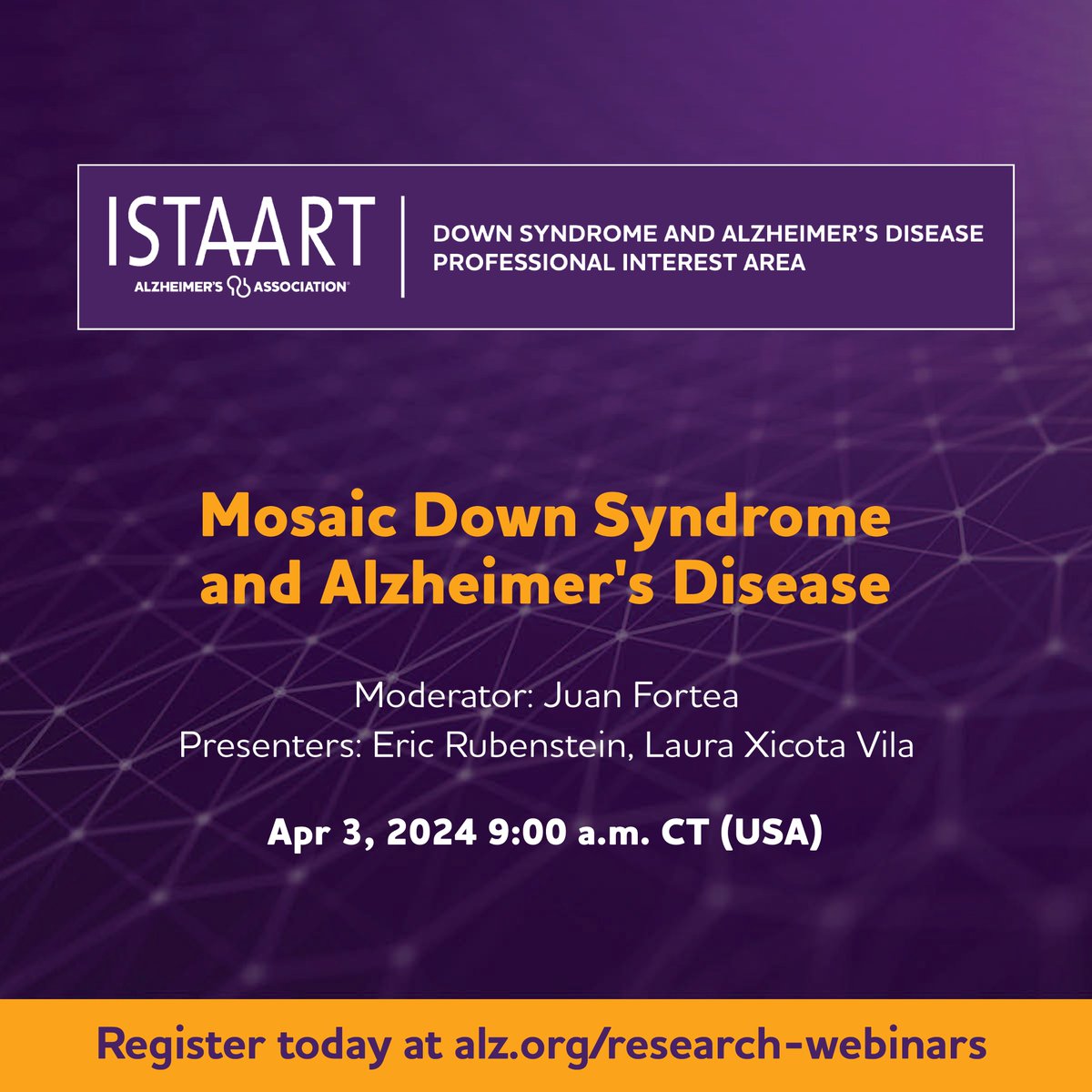 🔔Please join us for a webinar on Apr 3, 2024, at 9:00 am CT (USA): 'Mosaic Down syndrome and Alzheimer's Disease' Panelists: Laura Xicota Vila and Eric Rubinstein Moderator: Juan Fortea Remember to register! alz-org.zoom.us/webinar/regist… @ISTAART @alzassociation #ENDALZ