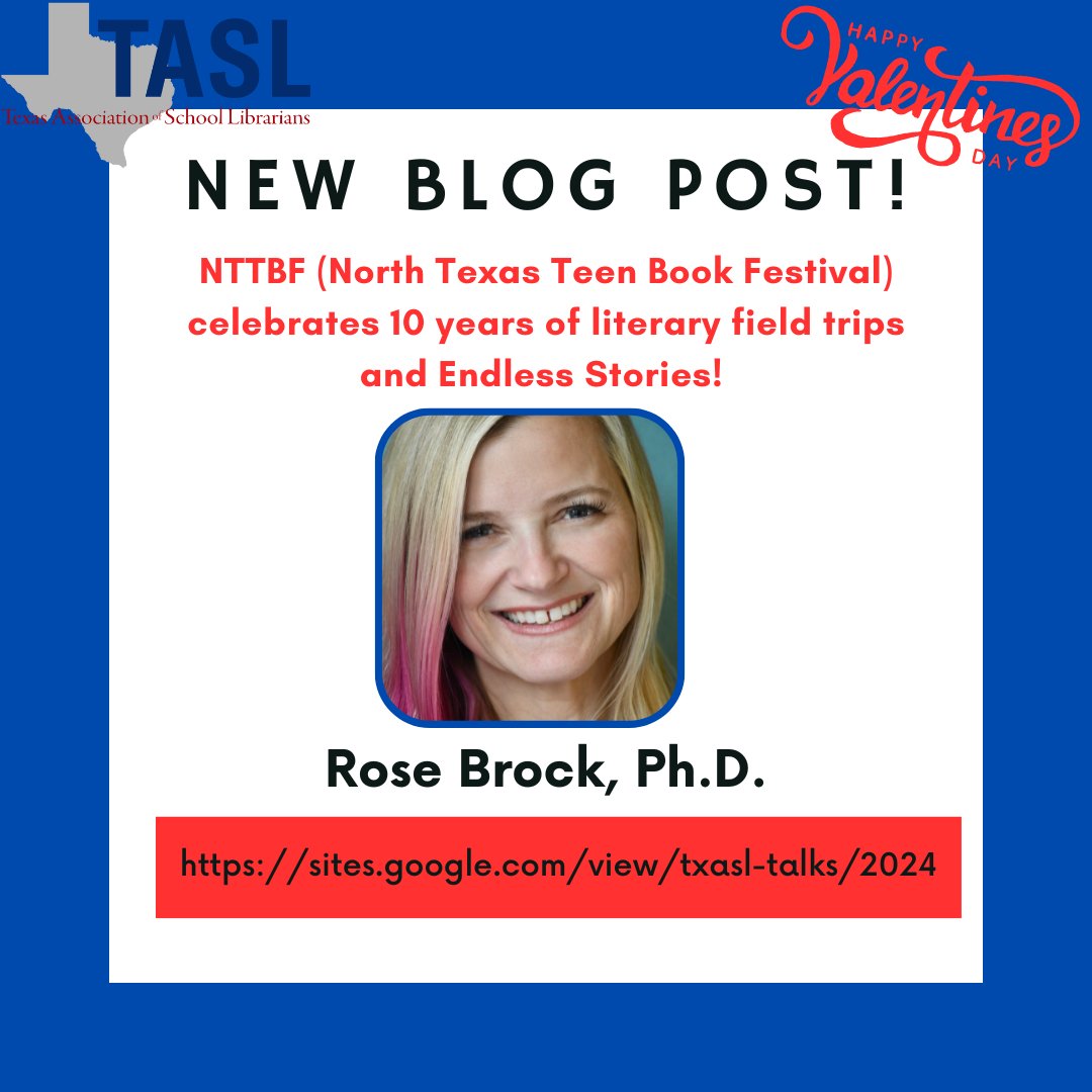 The latest <a href="/TxASL/">TASL</a>  Talks Blog post is out! Thank you @reallyrosebrock  for the amazing post about the 10th anniversary of the upcoming <a href="/NTTBFest/">North Texas Teen Book Festival</a>  in April! Can't wait to participate! #books #schoollibrarian #nttbf #book #author #festival #schoollibrary sites.google.com/view/txasl-tal…