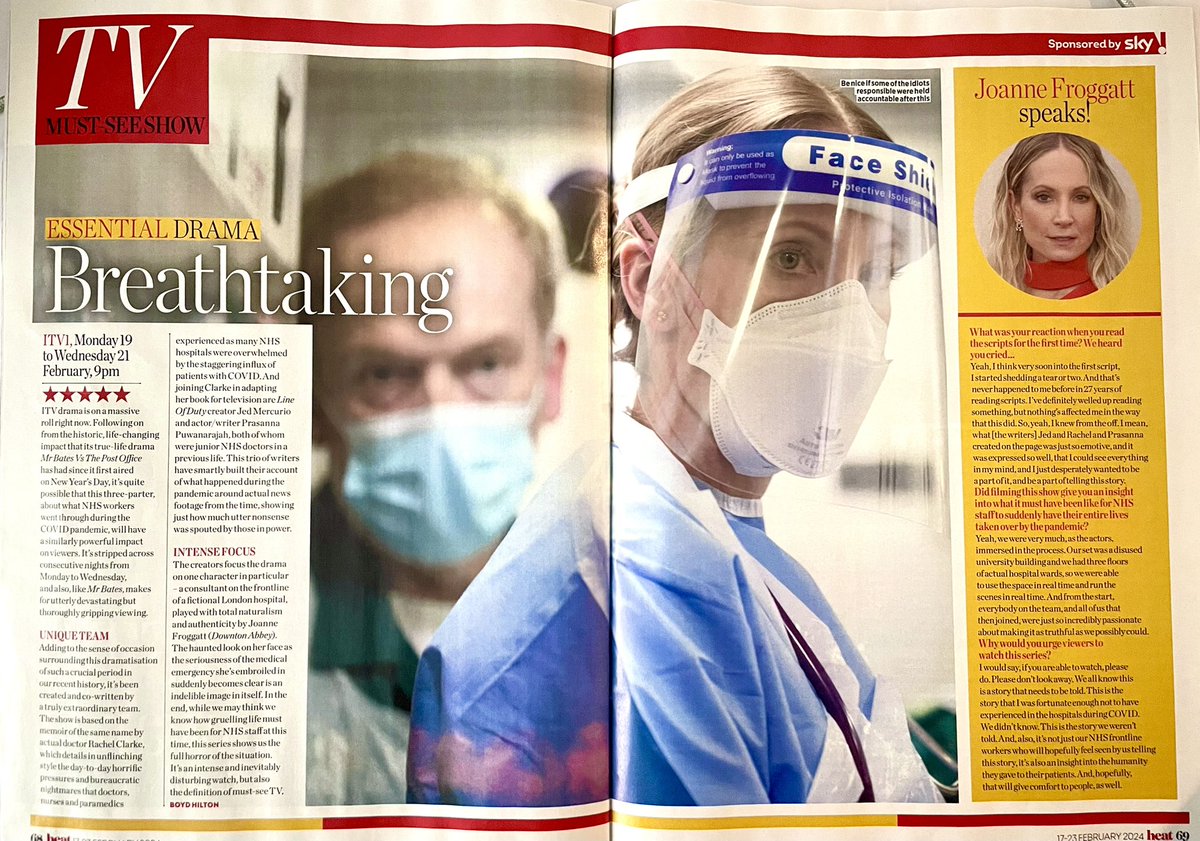 “It’s an intense and unbelievably disturbing watch, but also the definition of must-see TV.”

Huge thanks @boydhilton for this ⭐️⭐️⭐️⭐️⭐️ review of BREATHTAKING in @_HeatMagazine_  

Starts 9pm on Monday @ITV #NHS 💙