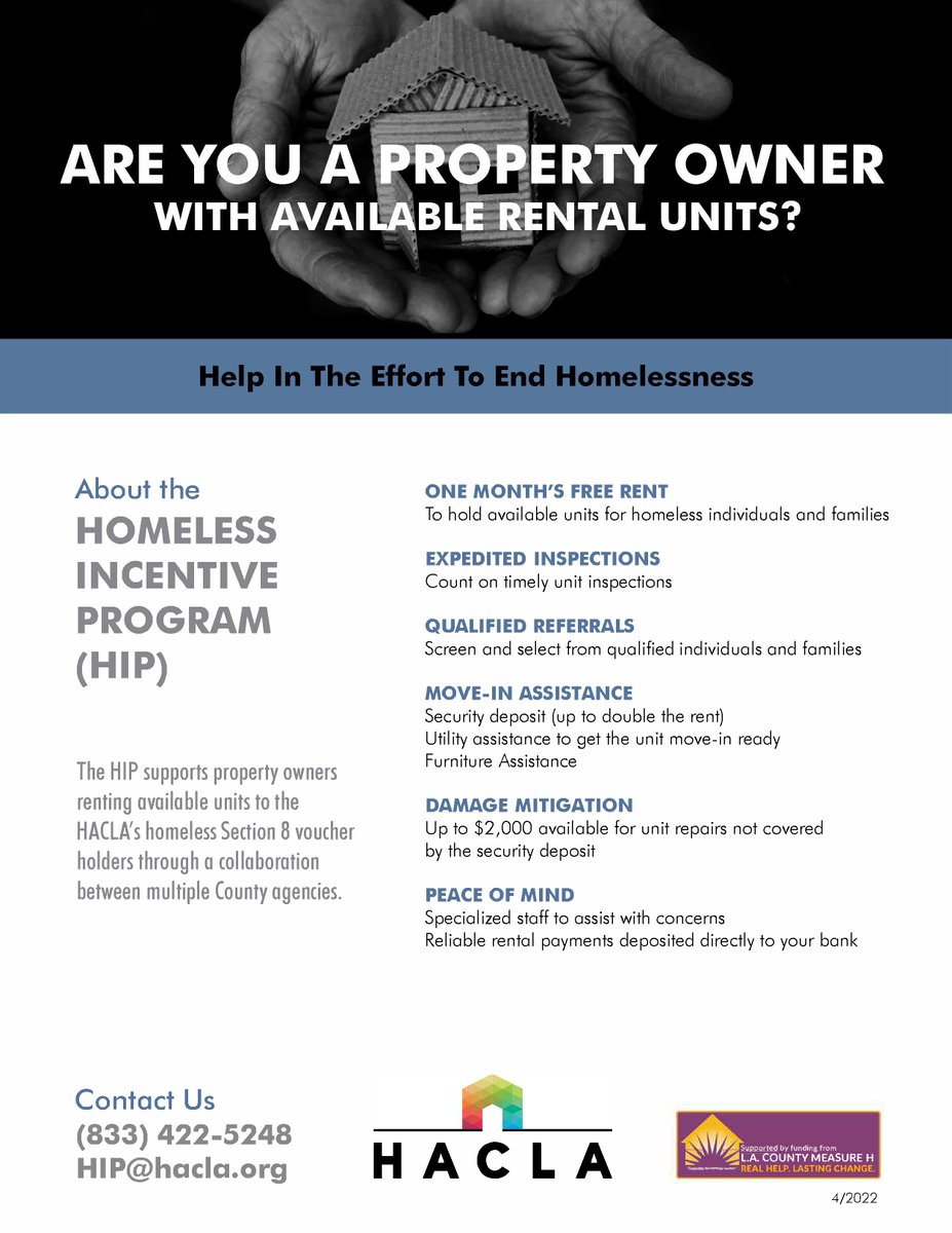 The Homeless Incentive Program supports property owners renting available units to HACLA's homeless #Section8 voucher holders. Help in the effort to end homelessness -- become a property owner with HIP! 🚪🔑 To sign up or learn more, contact us at 833-HACLA-4-U or HIP@hacla.org.