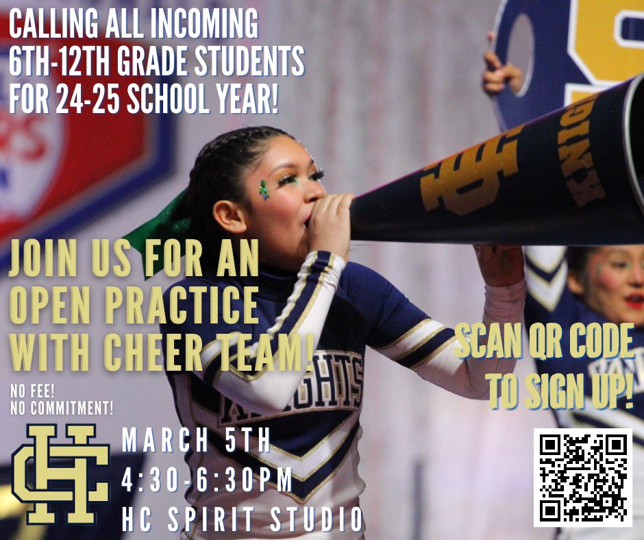 📣 Interested in joining HC Cheer? Come practice with us!  We are welcoming male and female athletes for current grades 5th-11th! 

🤳🏻 Scan our QR code to sign up! 

📧 Email us for more information hcsacheerleaders@gmail.com

#HCcheer #HC426 #HCproud #schooltryouts