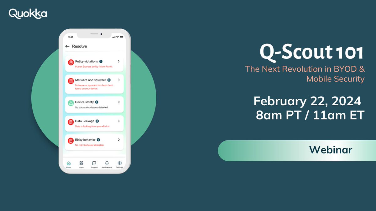 Dive in and learn how Q-Scout revolutionizes BYOD and mobile security. 📱 Join our upcoming webinar on Feb 22 at 8am PST! 
#cybersecurity #mobileappvetting #BYOD

To learn more register here.
hubs.li/Q02kNQyW0