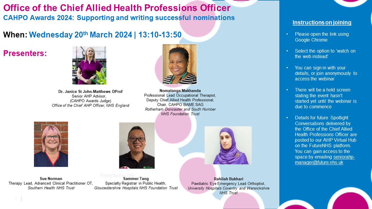 🚨Planning for the #CAHPO Awards 2024 📝We are hosting a webinar to advise / support making a nomination 📝Previous CAHPO ‘#AHP of the Year’ award winners will be sharing their ‘Top Tips’ on how to get the best from your application   📆 Wed. 20 March (13.10 – 13.50) @WeAHPs