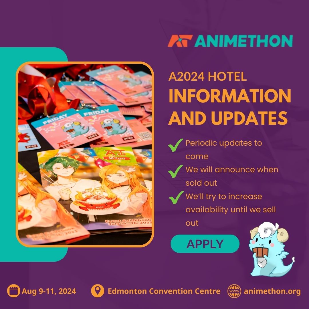 Hotel Update! Availability will be periodically increased until we announce it's sold out. Make sure to check back frequently. Secure your stay now for the Animethon action! Book your rooms as soon as you can. We'll try to increase availability until sell out. #Animethon2024