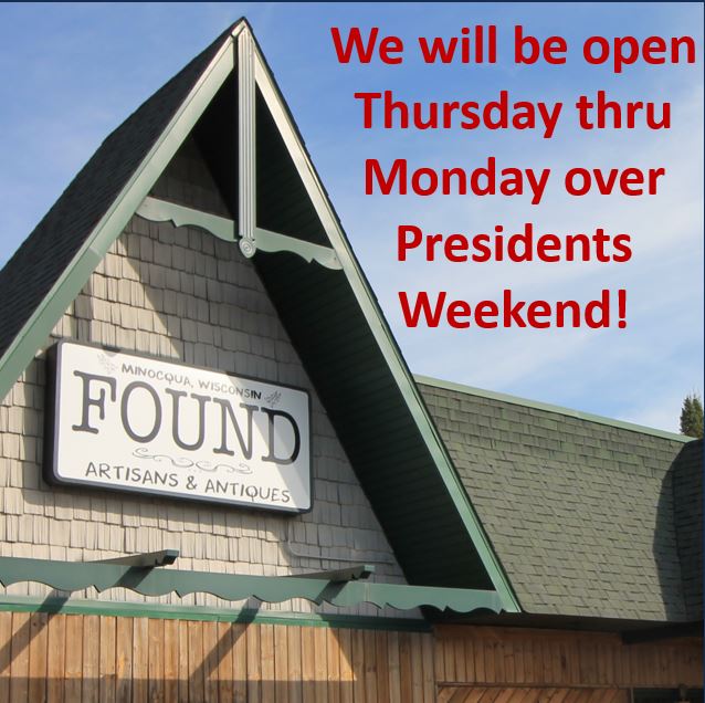foundartisan's tweet photo. In addition to our normal winter hours, Found Artisans and Antiques will be OPEN this Sunday and Monday as well to celebrate Presidents Weekend.   We hope to see everybody UpNorth for the extended weekend.

#visitminocqua #foundartisan https://t.co/65wzmgUbg9