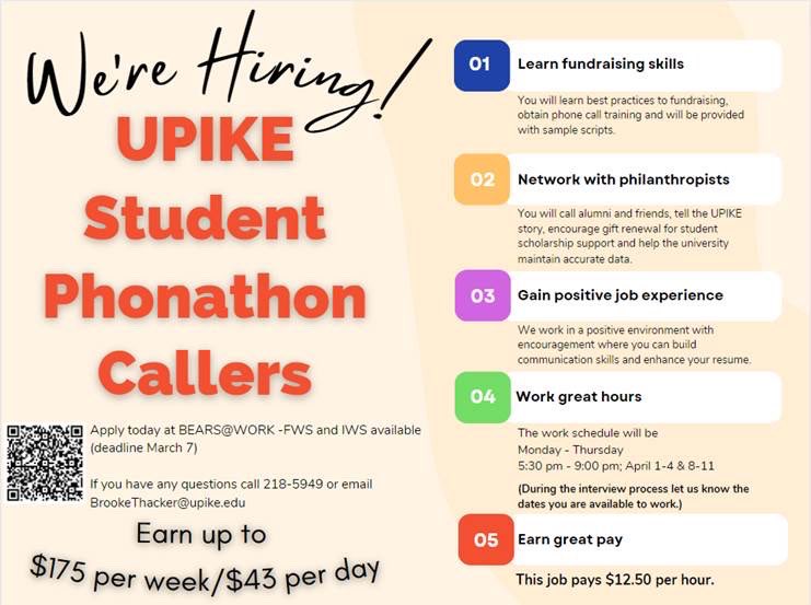 Looking for any of these great benefits? Apply to be a Caller by March 7! Link below! ☎️🧡🐻

jobs.upike.edu/position/index…