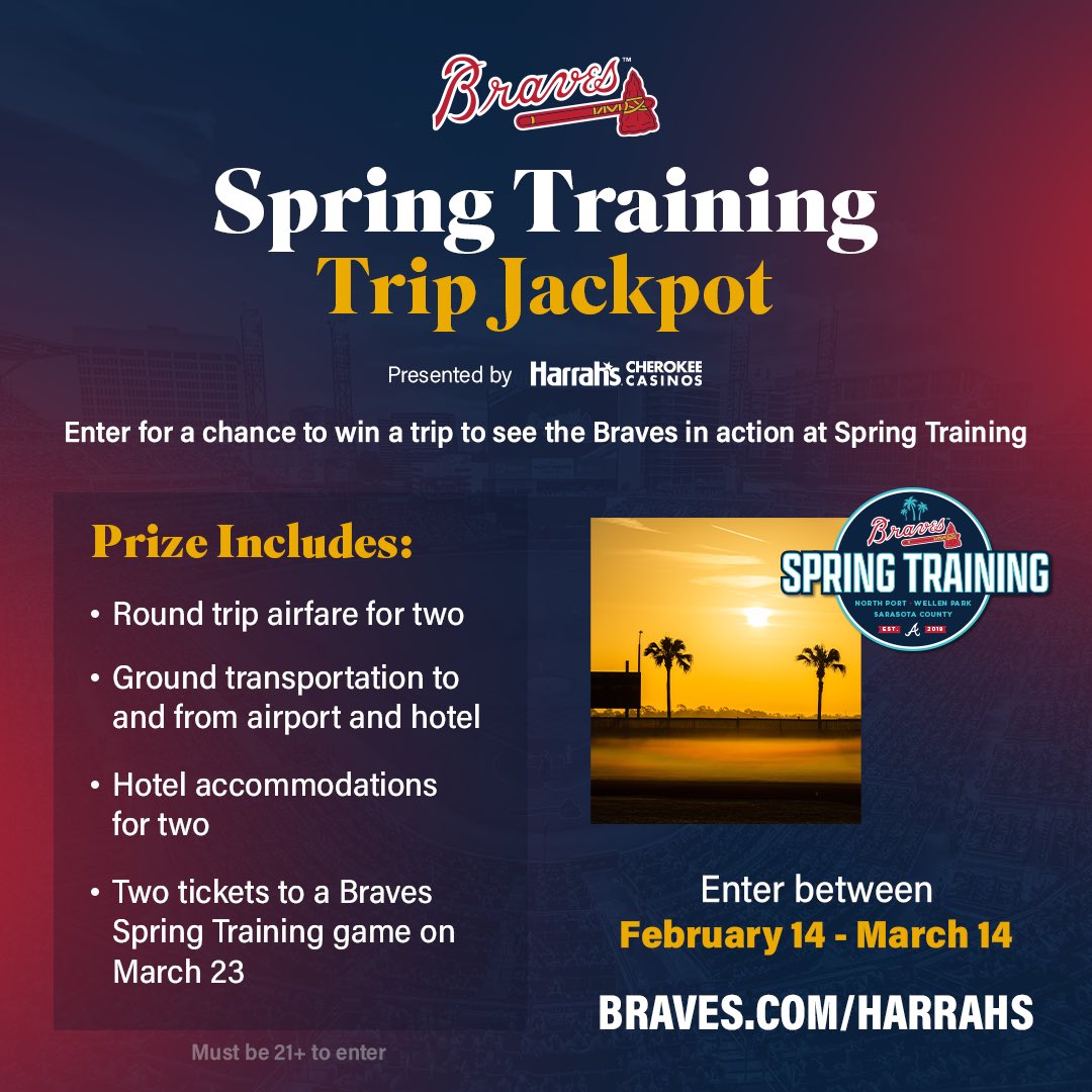 Enter the @HarrahsCherokee Spring Training Trip Jackpot for a chance to see the Braves in action at #BravesST! Must be 21+ to enter. 🔗: Braves.com/Harrahs