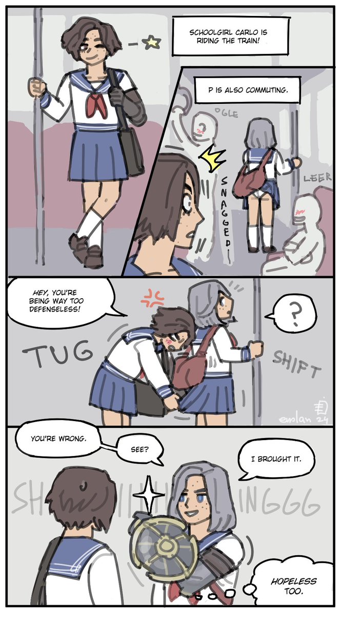 People enjoyed cheerleader Carlo so here is double the skirt fun! Unfortunately, zero art budget was allocated for this Modern AU skit. 