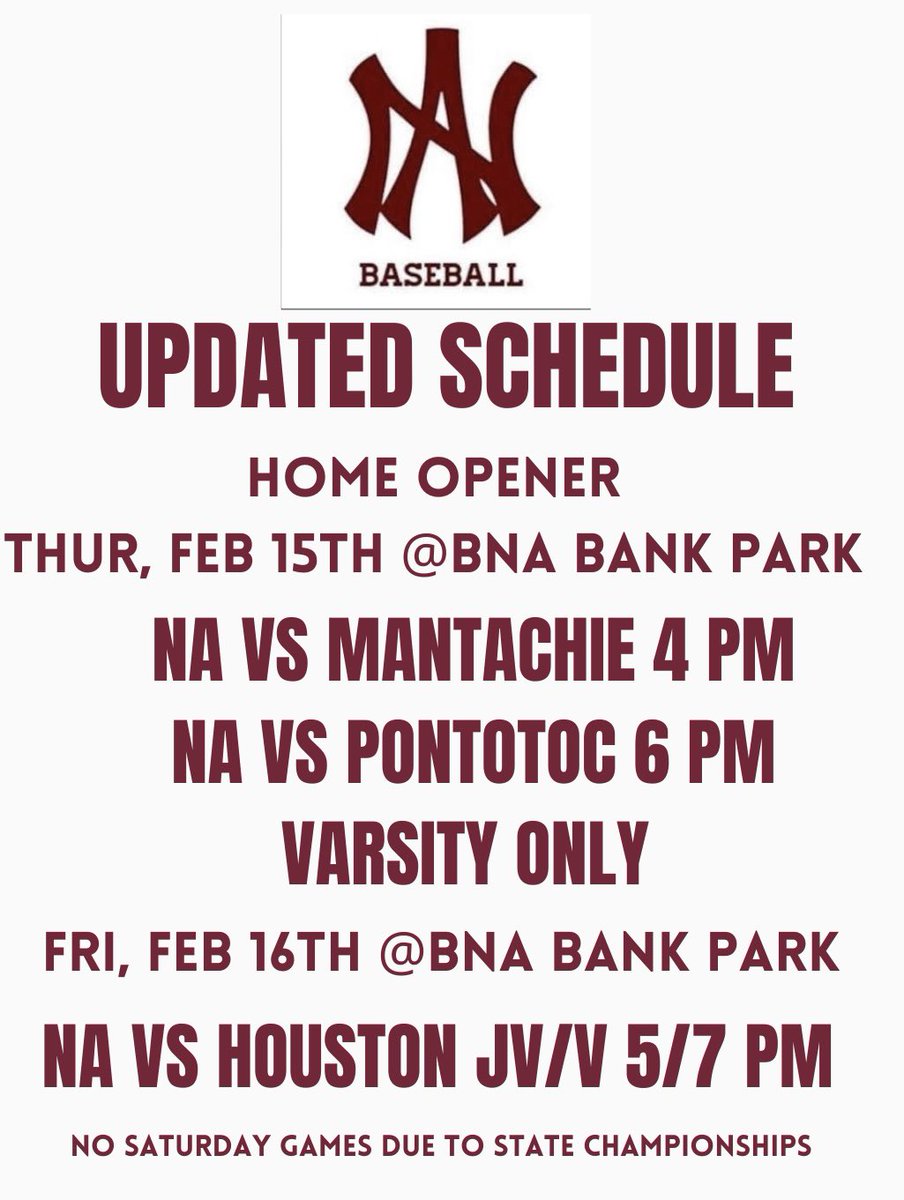 NABulldogBSB's tweet photo. The rain, playoffs, and state championships have us changing our schedule around a lot this week. There are still 3 HOME GAMES! 
They will happen both Thursday and Friday ⚾️
Get your chair back seat reserved &amp; come out to watch some Bulldog baseball!! #GoDogs https://t.co/fA38oB6OWf