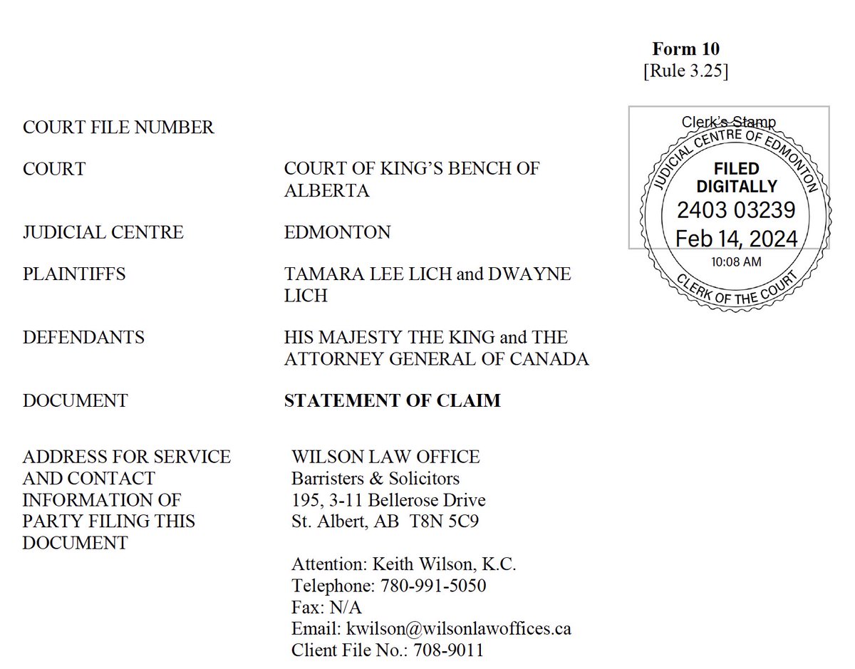 BREAKING: @LichTamara launched her lawsuit against HIS MAJESTY THE KING and THE ATTORNEY GENERAL OF CANADA.