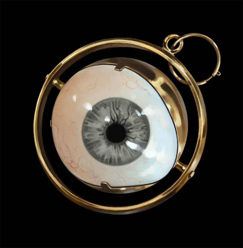 Continuing on the topic of Victoro's inventory:
a glass eye found at Blinsky's Toyshop, remade into a little divination device and serving as a spell component.