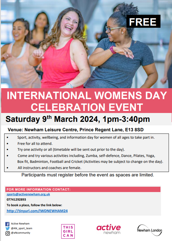 movewithbisi's tweet photo. International Women's Day Event:

Sport, Activity and Wellbeing Day for women and girls of all ages on Saturday 9th March. This is a FREE event.

Saturday 9th March 2024, 1pm-3:340pm at Newham Leisure Centre,  E13 8SD

https://t.co/HKDb8tIkV4

https://t.co/HKDb8tIkV4 https://t.co/FDJPnhcOng