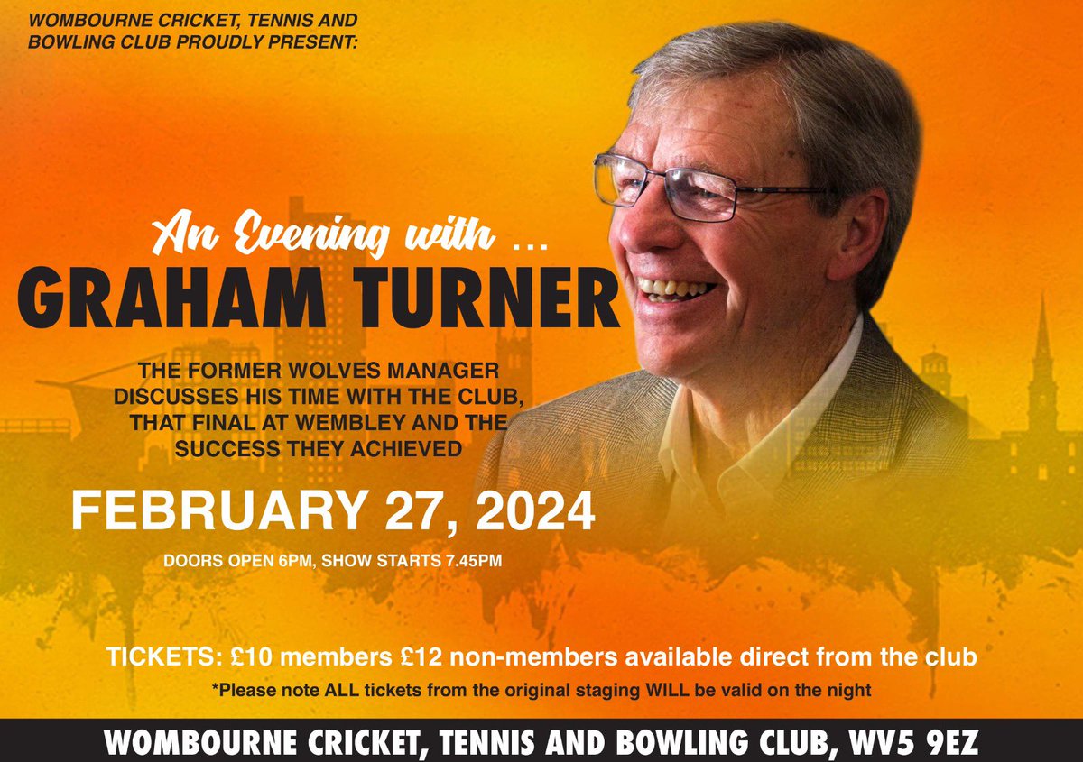SportsTalkEvent's tweet photo. Wolves fans are you ready for the one - off night with former gaffer Graham Turner?

Turner will be at @WombourneC on February 27 talking about his time at the club and the many players he managed.

Tickets are limited but still available from the cricket club now.

Details 👇 https://t.co/itv6anKiQX