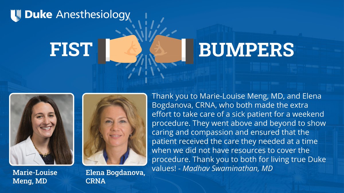 🤜🤛A #DukeAnesFistBump on this #WellnessWednesday from our Dr. Madhav Swaminathan @mswami001 to our Dr. Marie-Louise Meng and Elena Bogdanova, CRNA. 
🔗VIEW all of the fist bumpers & SUBMIT a Duke Anesthesiology fist bump: anesthesiology.duke.edu/fist-bump. #ThankYouDukeHealth