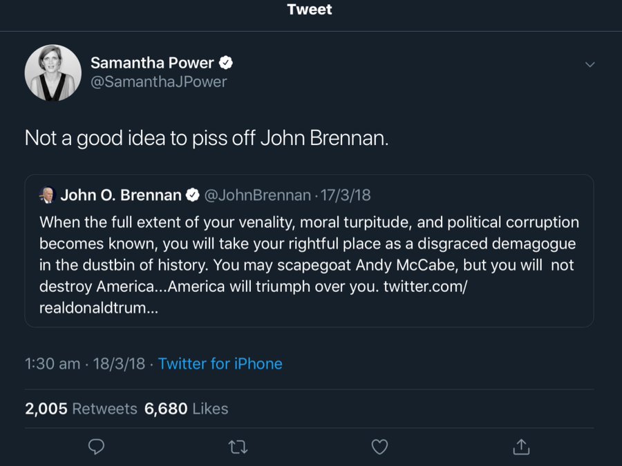 AwakenedOutlaw's tweet image. A name to keep in mind.
With the whole #SpyGate (illegal Government-sanctioned spying on Trump) gang coming back into focus, we can't overlook the infamous Samantha Power.
To call her just a slobbering #JohnnBrennan globalist/NWO sycophant would be an understatement of massive…