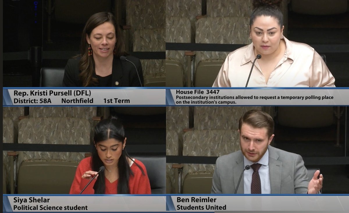 wechooseusmn's tweet photo. Session has begun! This morning in House Elections, we heard students’ stories about the importance of having accessible, on-campus polling locations for the 400,000+ students who attend post-secondary institutions in Minnesota. Thank you,  @Pursell4MNHouse! #freedom2vote https://t.co/gcGpVvB2iy