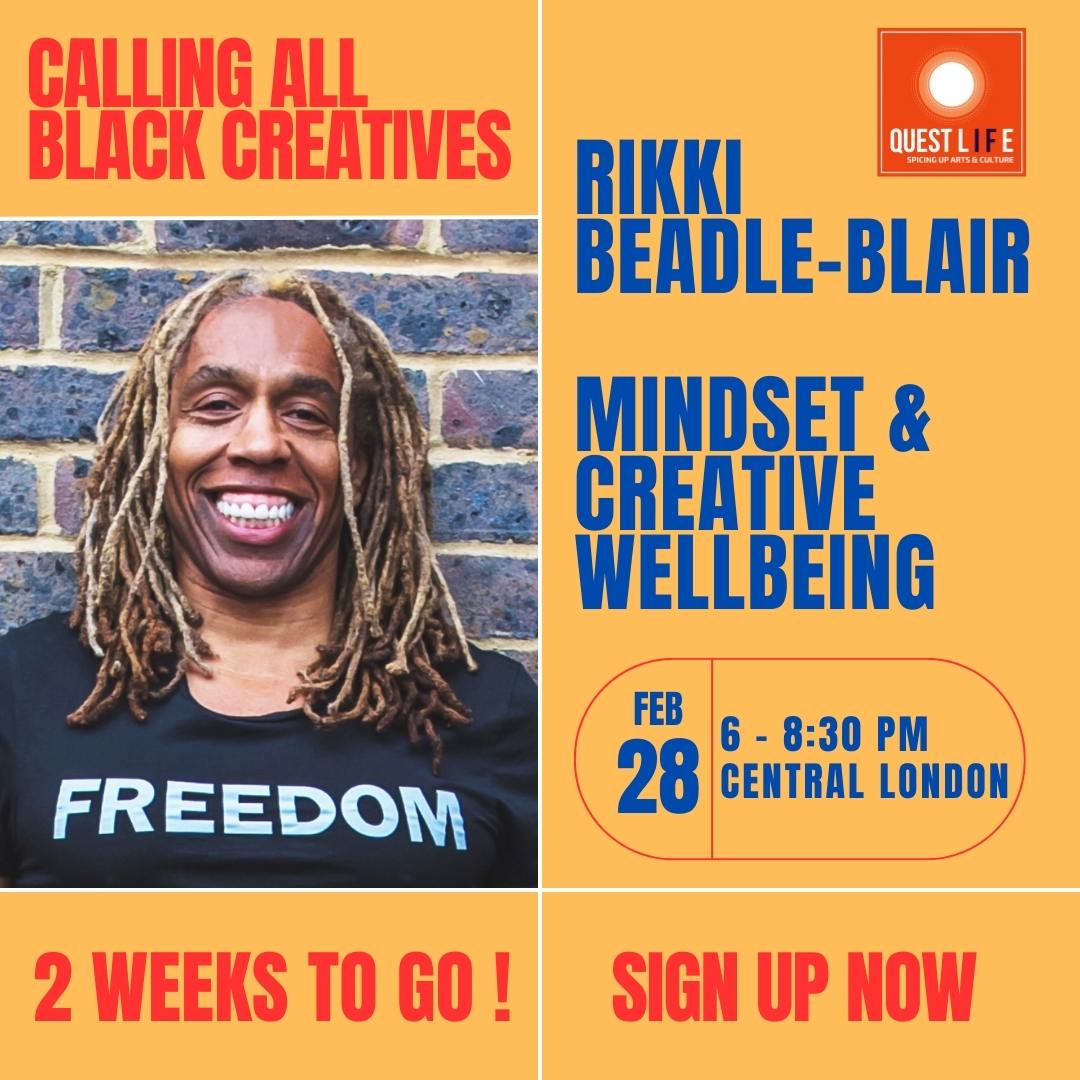 2 weeks to go until our evening in conversation with @RikkiBB. A must for #blackcreatives at all stages of their journey. Spaces limited - Sign up here now: bit.ly/42nbQZH #ReViVe #artistwellbeing #mentalhealth #theatrepeople #diversearts