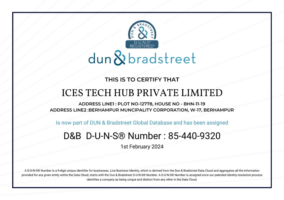 DevelopersIecs's tweet photo. 🎉 Exciting News from ICES TECH HUB PRIVATE LIMITED! 🎉

We are thrilled to announce that ICES TECH HUB PRIVATE LIMITED has been officially issued a D&amp;B D-U-N-S Number: 85-440-9320! 🚀 https://t.co/kqvxVszfif