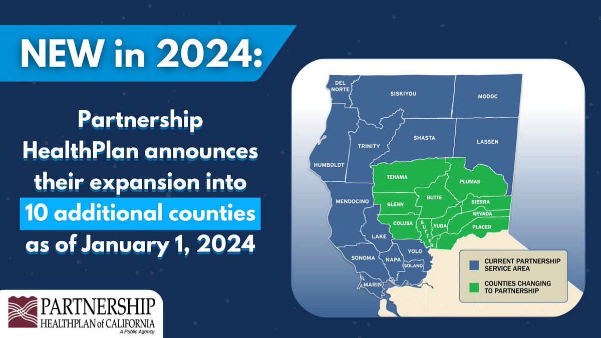 As of Jan 1, 2024, Partnership HealthPlan has expanded to provide services to an additional 10 counties. By providing care to 24 counties, Partnership HealthPlan emphasizes the importance of access to care no matter where you live. Learn more at: bit.ly/3SokZOC