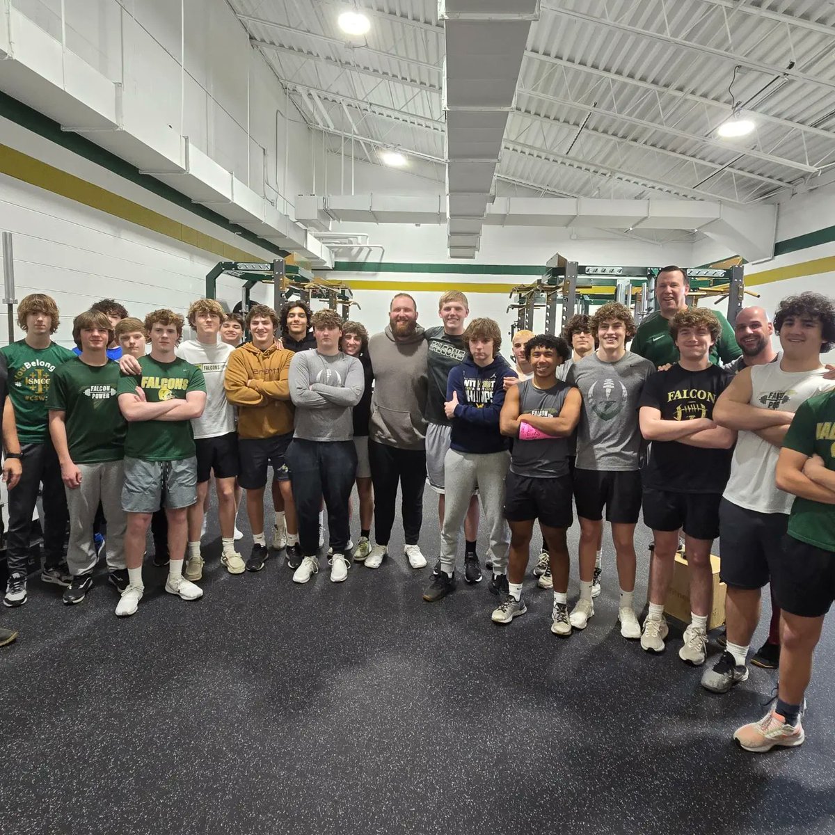 On Monday, @SMCC_Football had the honor and pleasure of hosting Wes French, of the @nfl @colts in our weight room. He talked to these young men about the importance of working out and having a great diet in order to be successful. Thank you, Wes! #smccfalconfootball