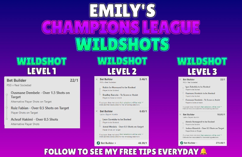 EmilyTaylorTips's tweet photo. CHAMPIONS LEAGUE BET BUILDERS AND WILDSHOTS😍

I have landed 781/1 and 130/1 bet builders recently, let's win again tonight!😜

Everybody who ❤️ and retweets this tweet will get my upcoming tips!👀

You must turn my notifications on and drop me a follow to receive my tips🔔 https://t.co/bTIrfQQXjx