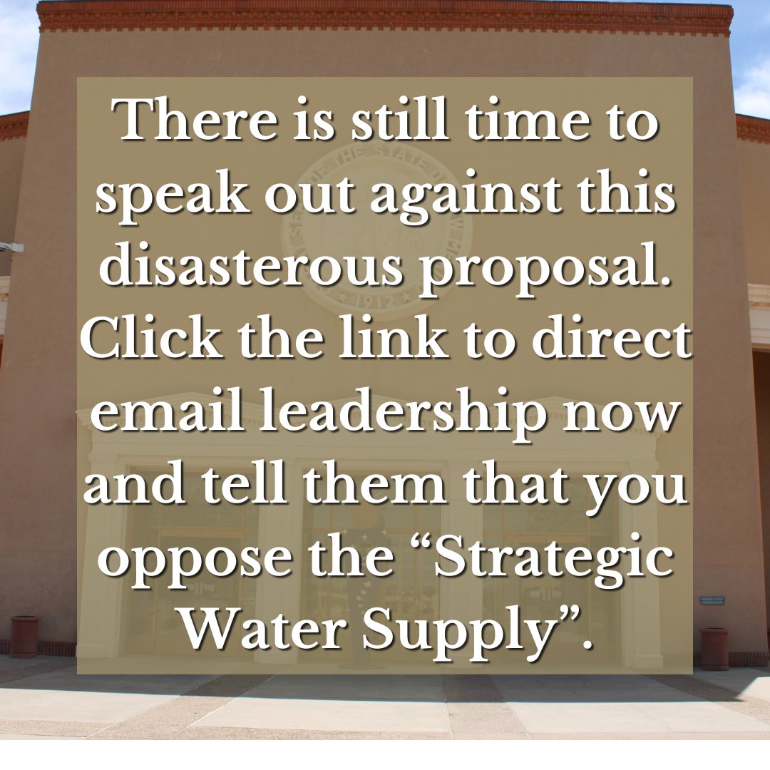 It's not dead yet! There is still time to speak out against this disasterous proposal. Click the link to direct email leadership now and tell them that you oppose the 'Strategic Water Supply'. Link: newenergyeconomy.org/bleedingnmdry