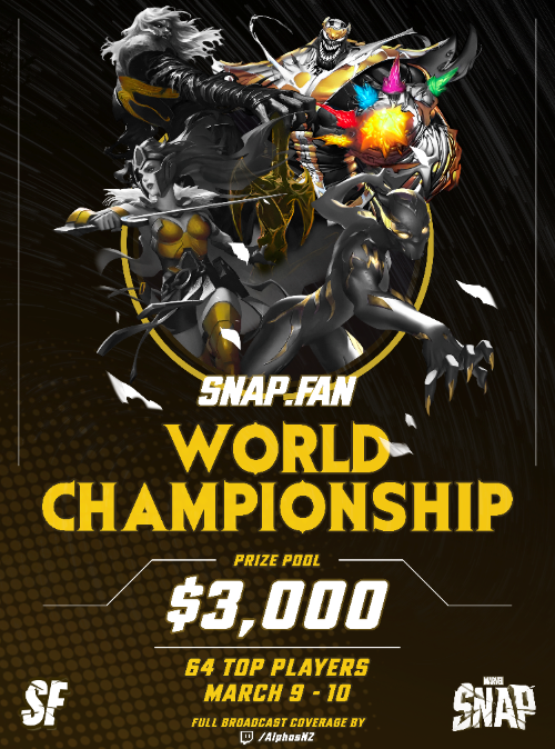 The time has finally come. The final event in the SFWC Circuit is ready to go - the Snap.Fan World Championship will be a 2-Day event  on March 9 and 10, with 64 of the world’s best players showcasing some of the best #MarvelSnap skills.

snap.fan/news/snapfan-w…