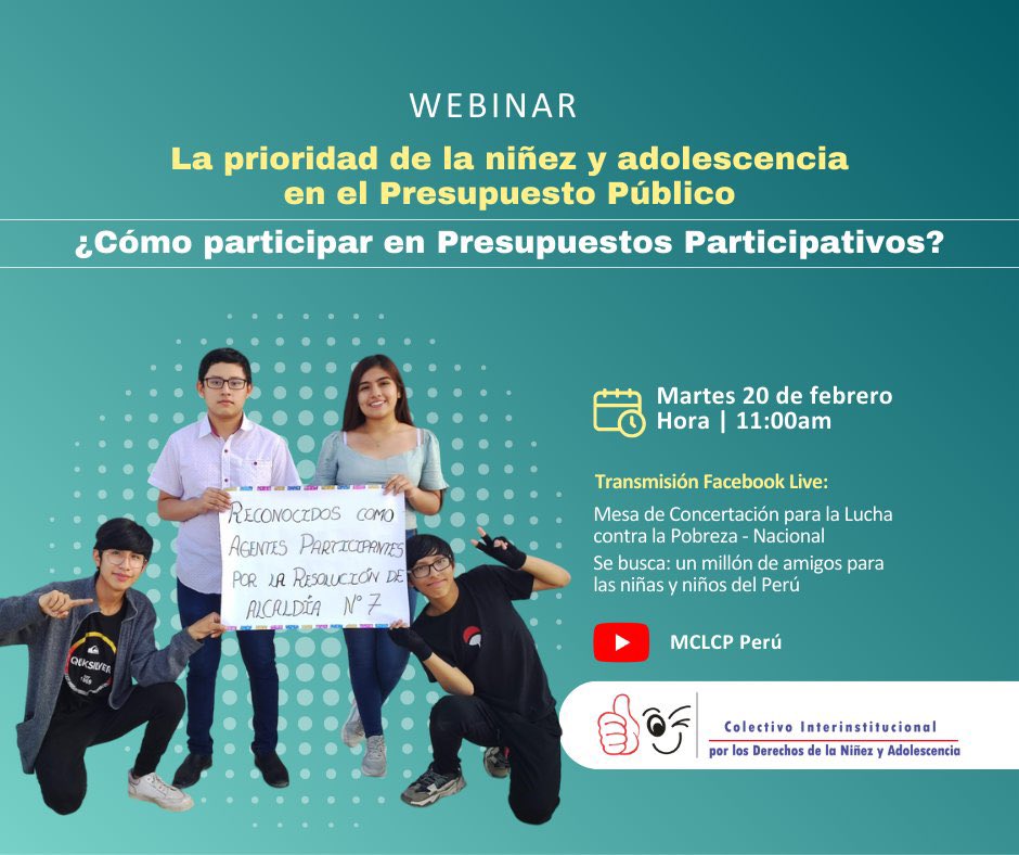 #AgendaNiñez |🙌 Acompáñanos en el webinar y conoce más sobre las experiencias de la niñez y adolescencia en el proceso del Presupuesto Participativo en sus comunidades

📅martes 20 de febrero
⏱️11:00 am

Transmisión en vivo:
📢 bit.ly/43GGMEd
📢 bit.ly/3w9jpXZ